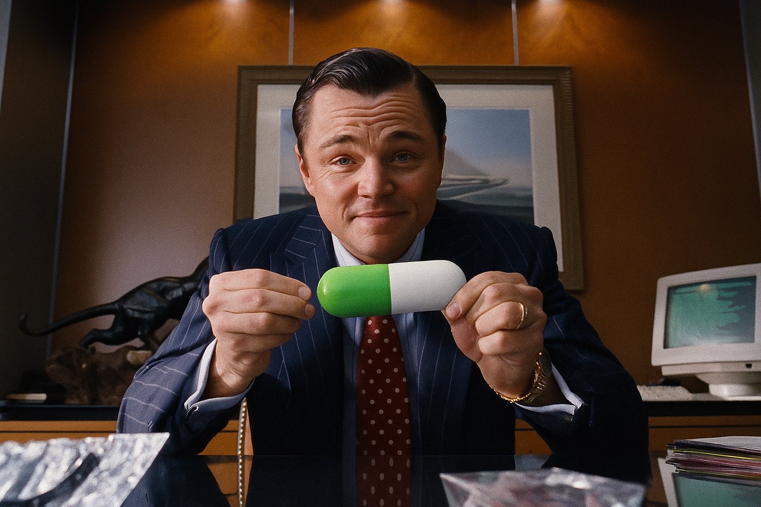 A suited salesman holding a huge green and white capsule