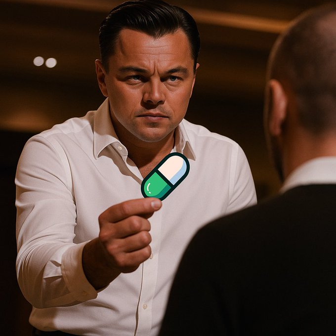 A salesman holding out a green and white pill to another man